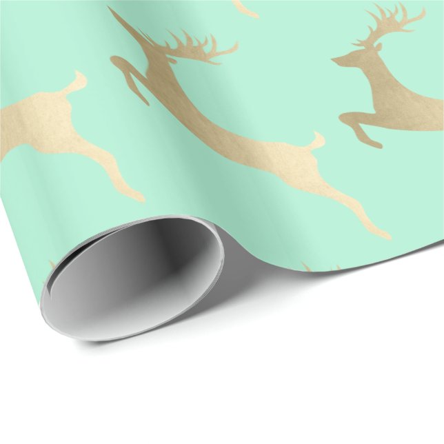 Elegant Gold Mint Christmas Reindeer Pattern Wrapping Paper (Roll Corner)