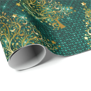 Elegant Gold & Mint Glitter Christmas Tree Pattern Wrapping Paper