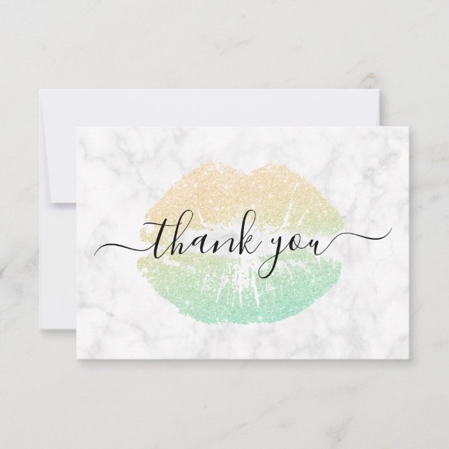 Elegant gold & mint glitter lips white marble thank you card (Front)