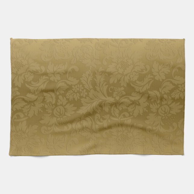 Elegant Gold Monochromatic Floral Damasks Pattern Tea Towel (Horizontal)