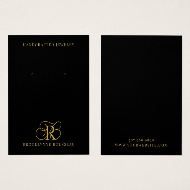 Elegant Gold Monogram Black Earring Display Card (Front & Back)