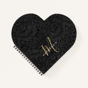 Elegant Gold Monogram Black Floral Pattern Notebook