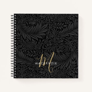 Elegant Gold Monogram Black Floral Pattern Notebook