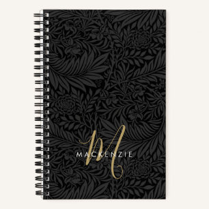 Elegant Gold Monogram Black Floral Pattern Notebook