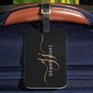 Elegant Gold Monogram Black Luggage Tag