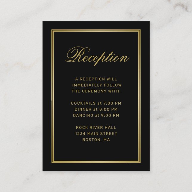 Elegant Gold Monogram Black Wedding Reception Enclosure Card (Front)