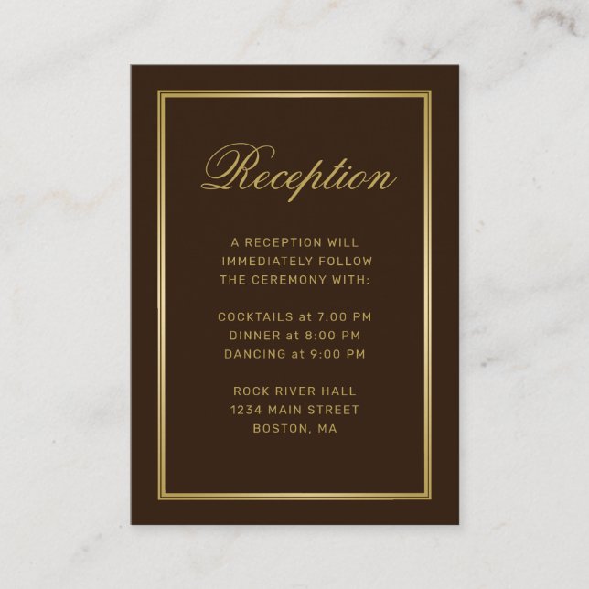 Elegant Gold Monogram Brown Wedding Reception Enclosure Card (Front)