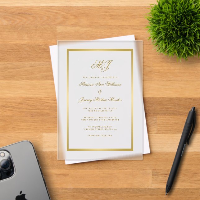 Elegant Gold Monogram Calligraphy Frame Wedding Acrylic Invitations (Insitu (Invitation Card))