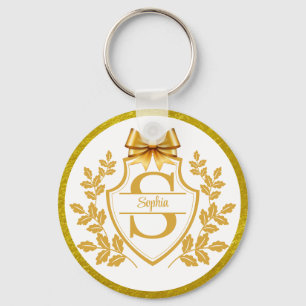 Elegant Gold Monogram Crest, Bow Personalised Name Key Ring