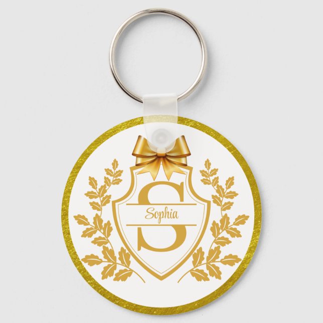 Elegant Gold Monogram Crest, Bow Personalised Name Key Ring (Front)