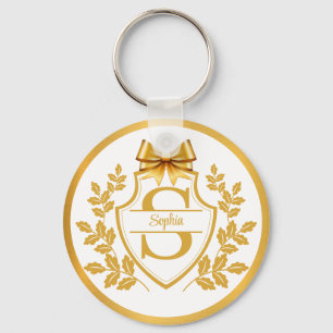 Elegant Gold Monogram Crest, Bow Personalised Name Key Ring