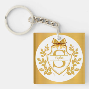 Elegant Gold Monogram Crest, Bow Personalised Name Key Ring
