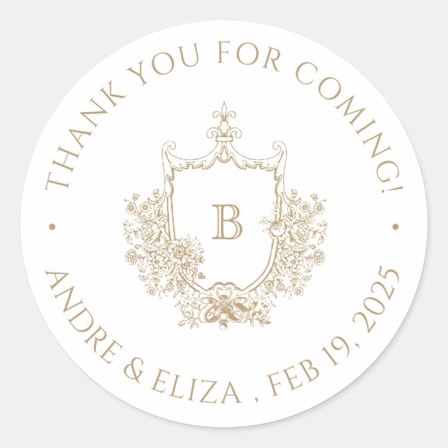 Elegant Gold Monogram Crest Classic Round Sticker (Front)