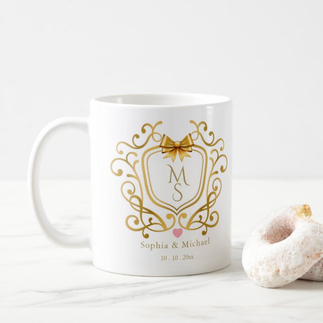 Elegant Gold Monogram Crest Personalised Wedding Coffee Mug (With Donut)