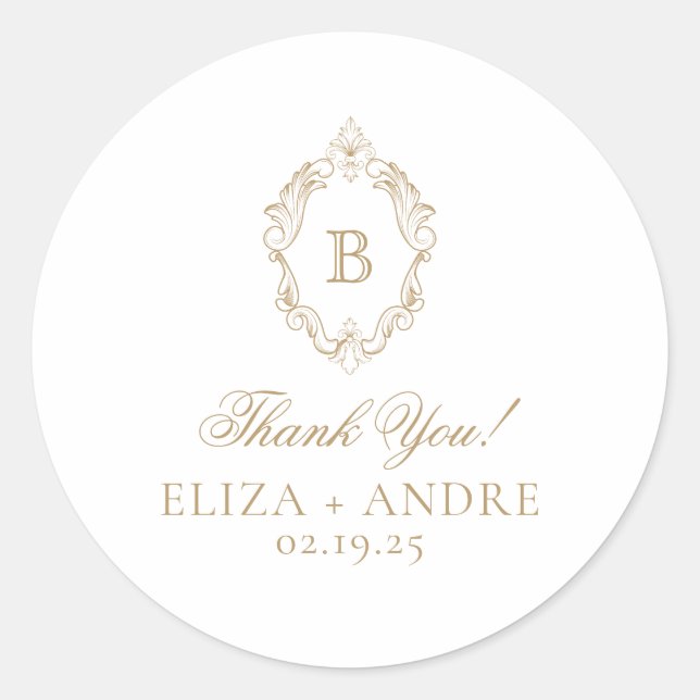 Elegant Gold Monogram Crest Wedding Classic Round Sticker (Front)