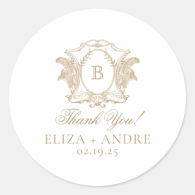 Elegant Gold Monogram Crest Wedding Classic Round Sticker (Front)