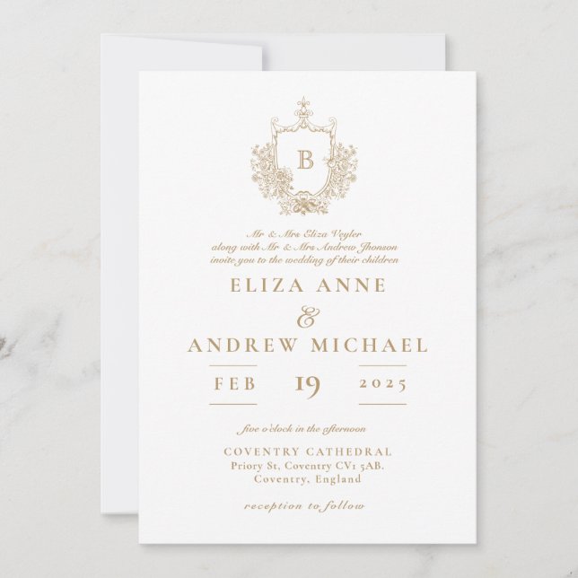 Elegant Gold Monogram Crest Wedding Invitation (Front)