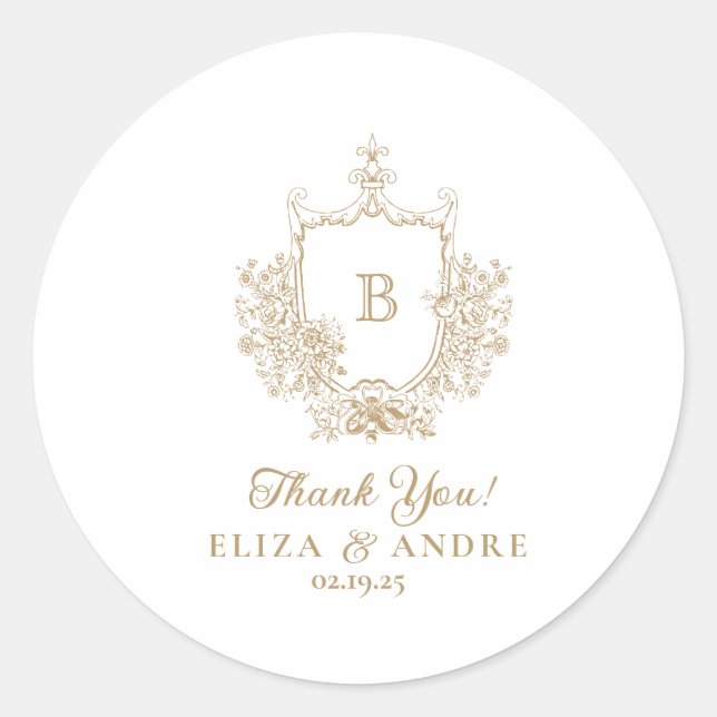 Elegant Gold Monogram Crest Wedding Sticker (Front)