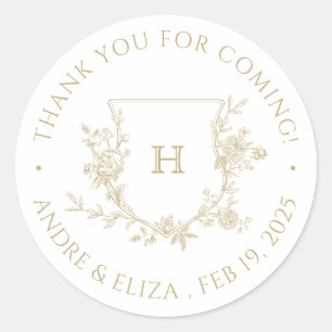 Elegant Gold Monogram Crest Wedding Thank You  Classic Round Sticker