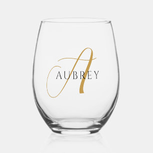Elegant Gold Monogram Drinkware Set Stemless Wine Glass