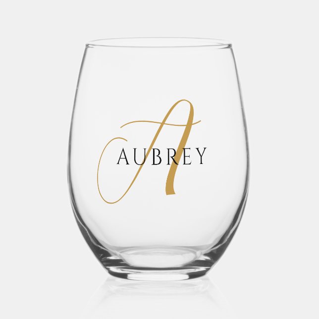 Elegant Gold Monogram Drinkware Set Stemless Wine Glass (Front)