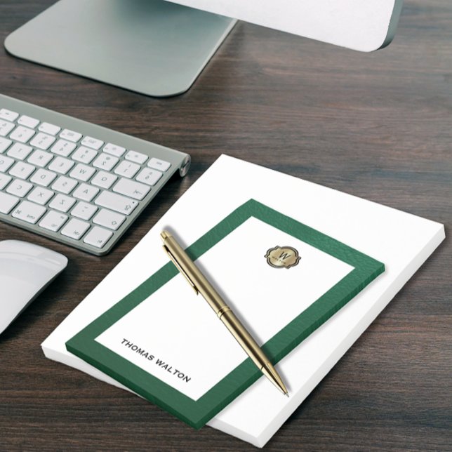 Elegant Gold Monogram Emerald Green Leather Look Post-it Notes (Creator Uploaded)