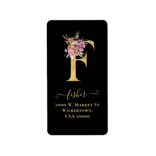 Elegant Gold Monogram F Floral Address Label