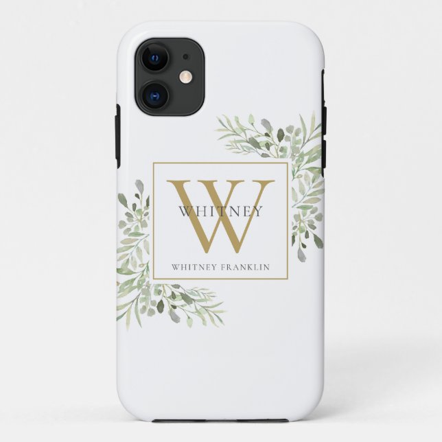 Elegant Gold Monogram Floral Greenery Case-Mate iPhone Case (Back)