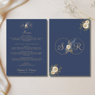 Elegant Gold Monogram Floral Navy Blue Wedding Menu