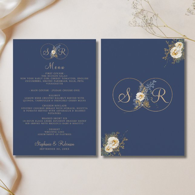 Elegant Gold Monogram Floral Navy Blue Wedding  Menu (Creator Uploaded)