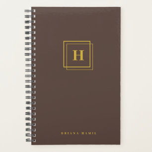 Elegant Gold Monogram Geometric Double Frame Brown Planner
