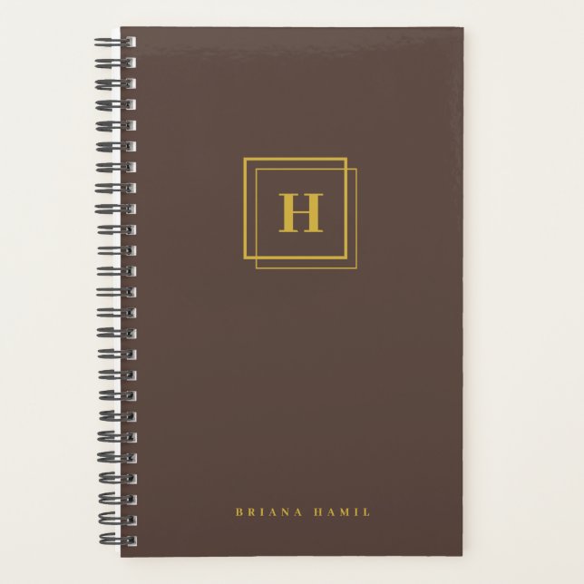 Elegant Gold Monogram Geometric Double Frame Brown Planner (Front)