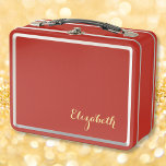 Elegant Gold Monogram Girls Boys Kids Cute School<br><div class="desc">Create your own custom, personalised, simple, elegant faux gold calligraphy / typography / script / font monogram monogrammed, modern cool chic stylish, adorable, durable food safe tin plate, food contact safe interior material, classic style kids girls boys cute red metal school lunch box with collapsible black plastic handles. Simply type...</div>