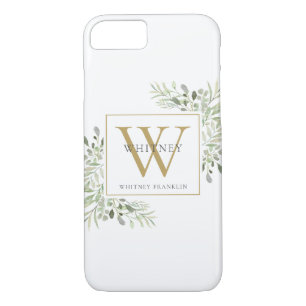 Elegant Gold Monogram Greenery iPhone 8/7 Case