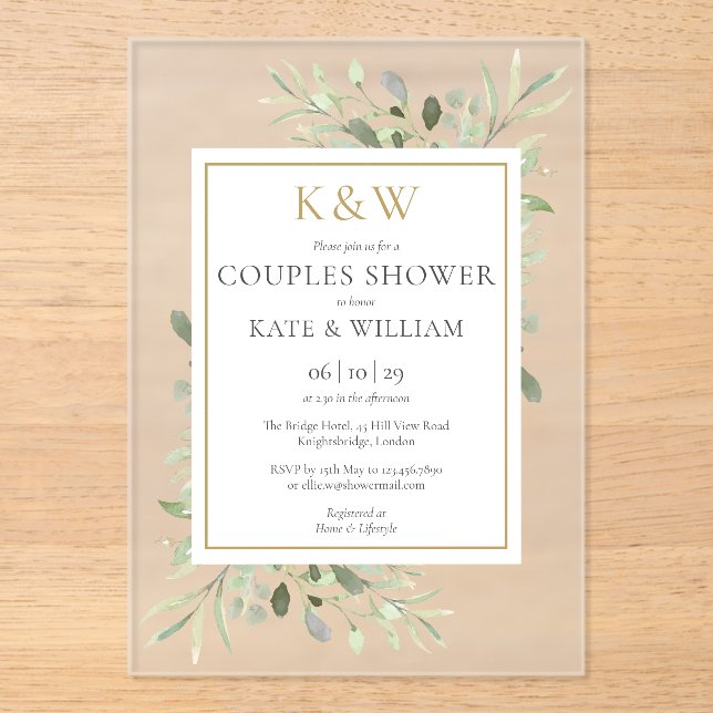 Elegant Gold Monogram Greenery Couples Shower Acrylic Invitations (Front)