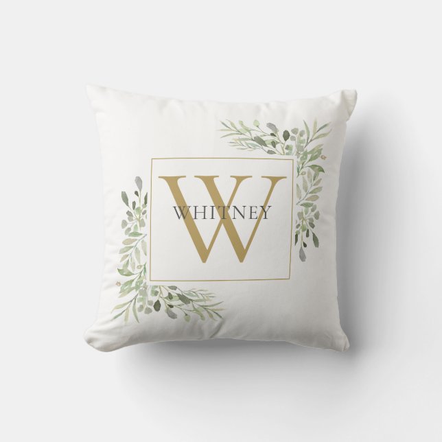 Elegant Gold Monogram Greenery Foliage Cushion (Front)