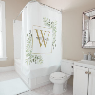Elegant Gold Monogram Greenery Foliage Shower Curt Shower Curtain