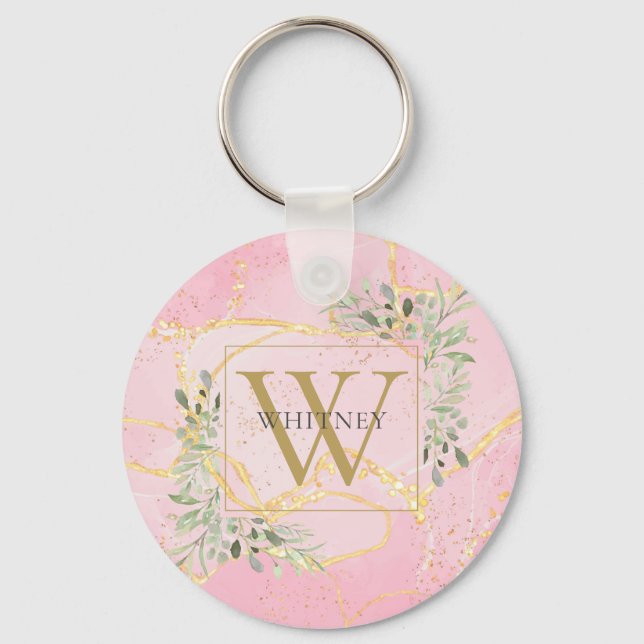Elegant Gold Monogram Greenery Pink Agate Geode Key Ring (Front)