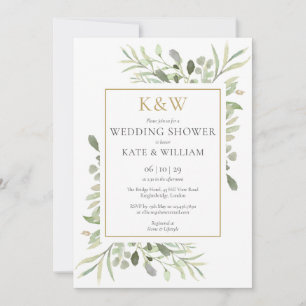 Elegant Gold Monogram Greenery Wedding Shower Invitation