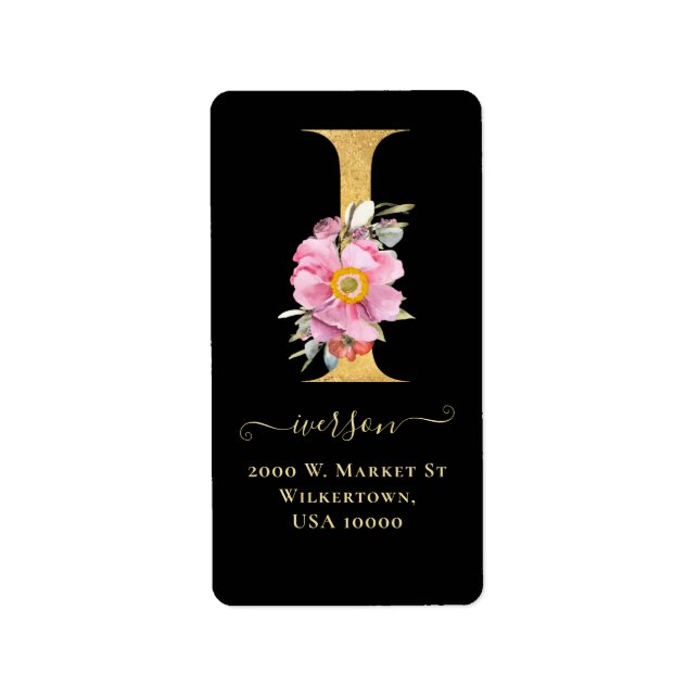 Elegant Gold Monogram I Floral Address Label (Front)