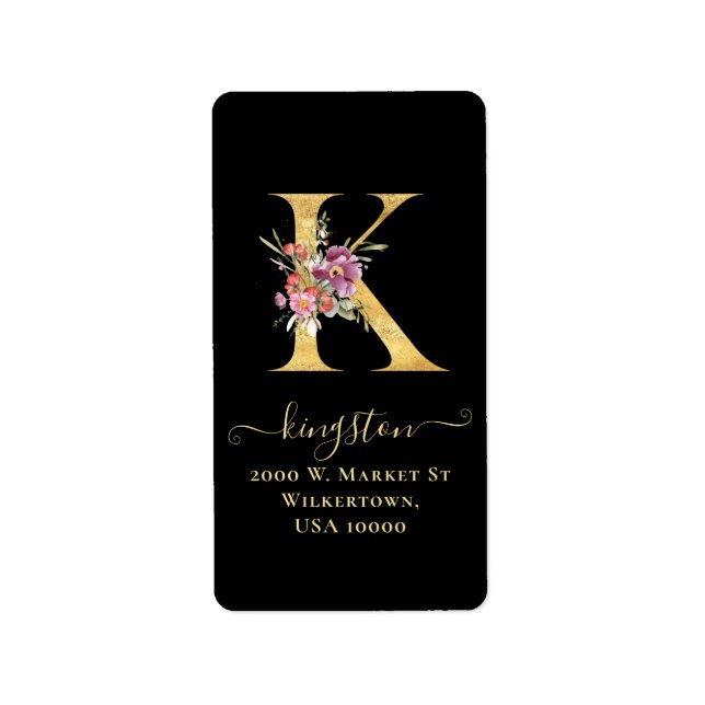 Elegant Gold Monogram k Floral Address Label (Front)