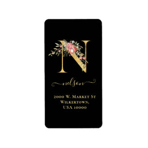Elegant Gold Monogram N Floral Address Label