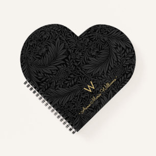 Elegant Gold Monogram Name Black Floral Pattern Notebook