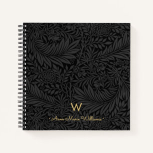 Elegant Gold Monogram Name Black Floral Pattern Notebook