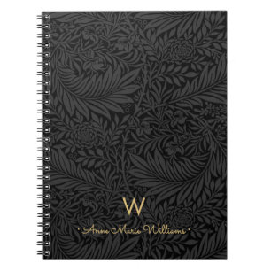 Elegant Gold Monogram Name Black Floral Pattern Notebook