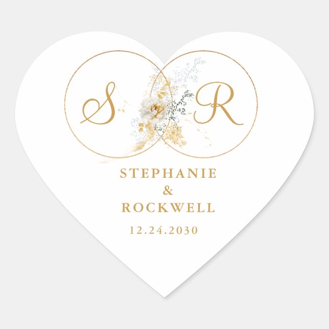 Elegant Gold Monogram Name Initial Wedding  Heart  Sticker (Front)