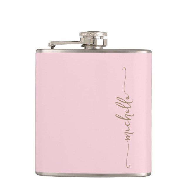 Elegant Gold Monogram Name Script Blush Pink Hip Flask (Front)
