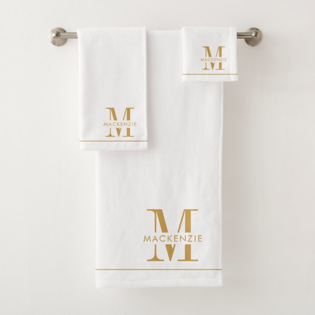 Elegant Gold Monogram Name White Bath Towel Set (Insitu)