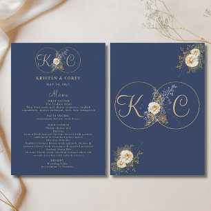 Elegant Gold Monogram Navy Blue Wedding  Menu