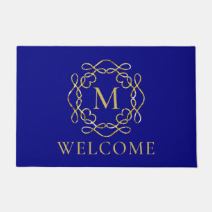 Elegant Gold Monogram Navy Blue Welcome Doormat